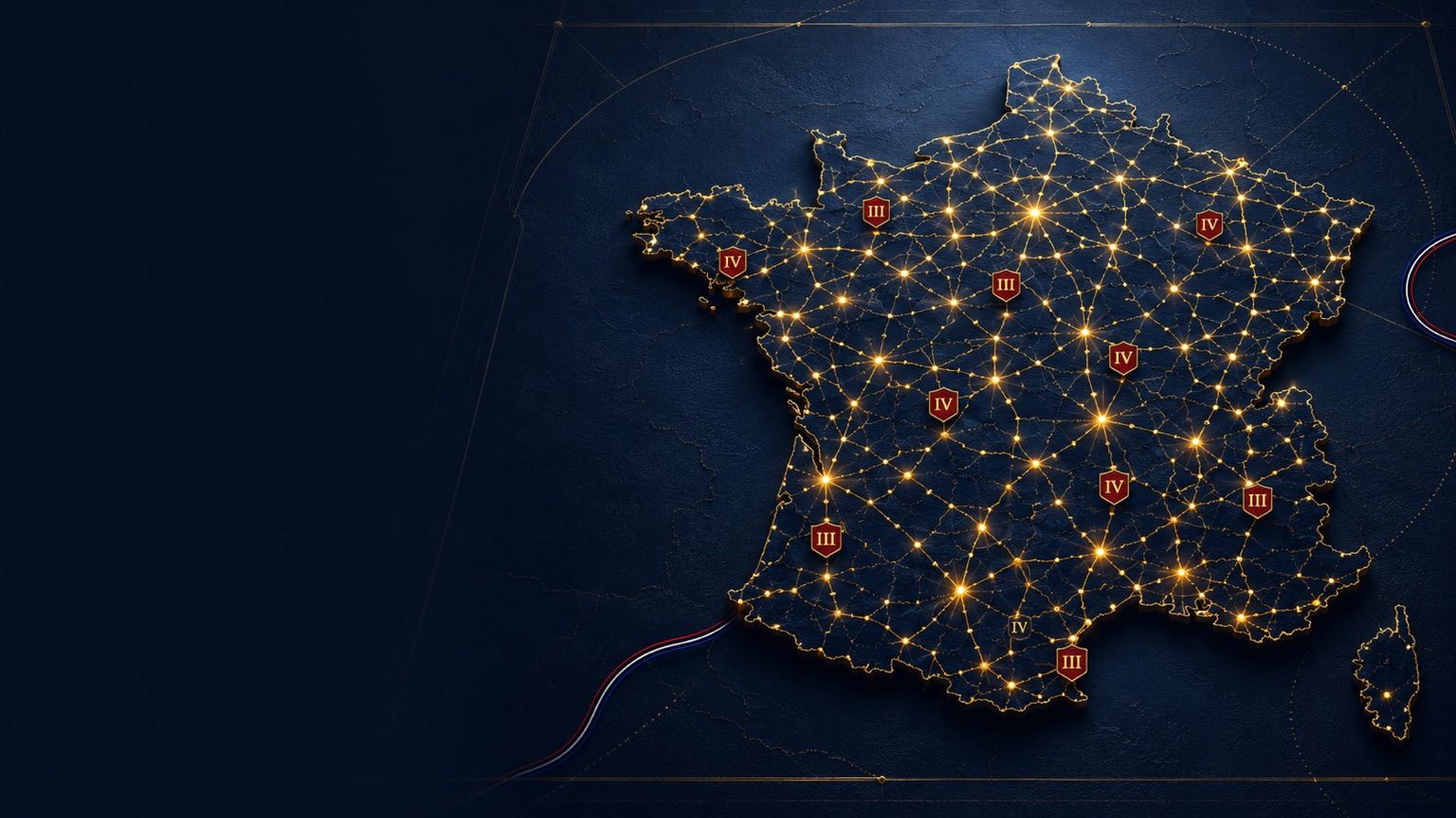 Illustration de notre présence nationale : une carte de France reliée par des lignes dorées